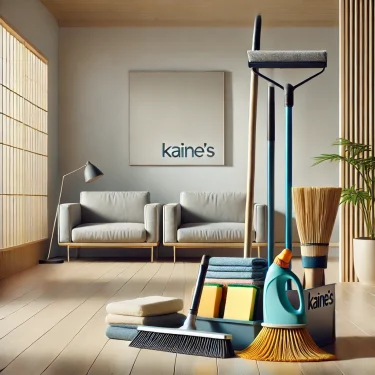 カインズの掃除グッズが一堂に揃った様子を再現した、モダンな日本のミニマルな部屋の写真。ほうきやモップ、掃除クロスなどが清潔感を演出。