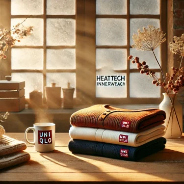 木製テーブルの上に整然と積まれたユニクロのヒートテックインナーウェアが、霜のついた窓から差し込む自然光で温かみを帯びた冬の雰囲気の中で展示されている。