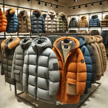 しまむらの店舗内に並ぶ防寒コート。中綿コート、ボアコート、ダウン風ジャケットがディスプレイされている。