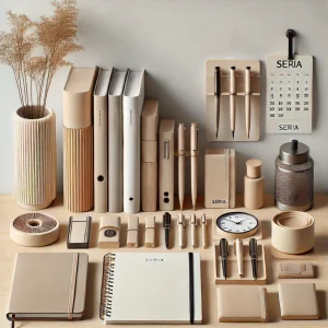 ミニマリストな日本のデスクに、セリアの文房具が整然と並べられた写真。ペン、ノート、オーガナイザーなどが配置され、実用性とおしゃれさを兼ね備えている。