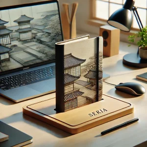 ◯◯セリアのスタンド型ノートが日本のデスク上に自立している様子を示した写真。実用的でスタイリッシュなデザインが特徴。◯◯