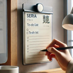 セリアのクリップ付きメモパッドを壁に貼り、ToDoリストを書いている様子を示した写真。モダンな日本のホームオフィスで活用されている。