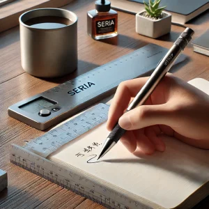 セリアのステンレス定規とフリクション風消せるボールペンを使って、ノートに丁寧に書き込んでいる様子。モダンな日本のワークスペースでの使用シーン。
