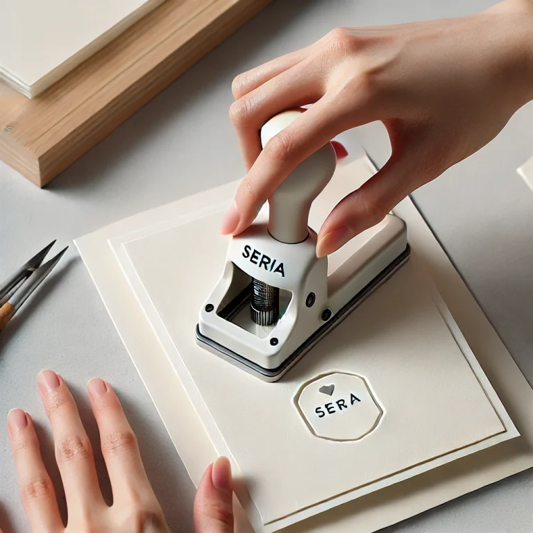 セリアの角丸パンチを使って、手作りカードの角を丸くカットしている様子。ミニマルな日本のワークスペースでの使用シーン。