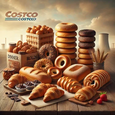 コストコの人気パンが並べられた写真。ディナーロール、クロワッサン、ベーグル、チョコレート入りペストリーが温かみのある雰囲気で整然と配置されている。