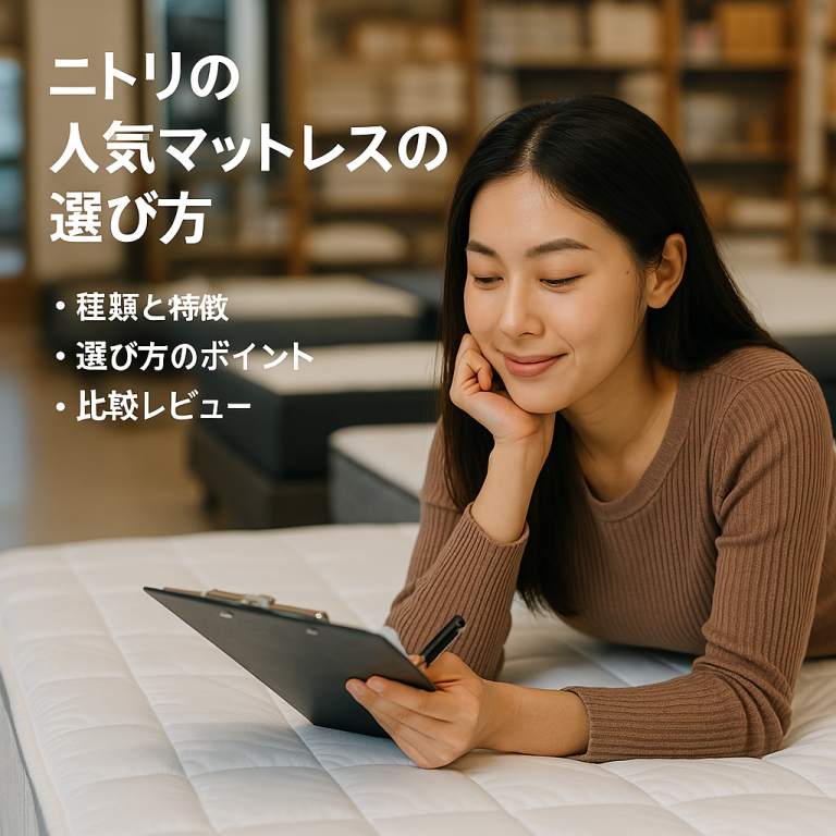 家具店で白いマットレスに横たわりながら、クリップボードとペンを手にレビューを記録する若い日本人女性。選び方のポイントが画面に表示されている。