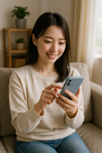 スマートフォンでマットレスの価格やレビューを調べている若い東アジア系女性。日差しが差し込むリビングで、ソファに腰かけながら真剣な表情を見せる。
