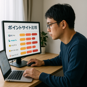 自宅のデスクでポイントサイトを比較しながらPC操作をする日本人男性