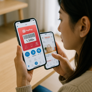 PayPayアプリと楽天市場を併用して買い物する日本人女性のスマホ画面