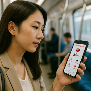 朝の通勤電車内で楽天ポイントアプリを操作する日本人女性のリアルな横顔