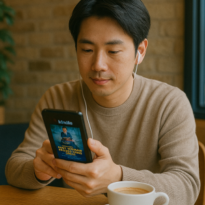 カフェのテーブルでKindleアプリを使って電子書籍を読んでいる日本人男性、Prime Reading対象書籍を閲覧中