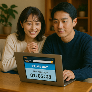 Amazonプライムデーのタイムセール開始を前にノートパソコンでログイン待機する日本人夫婦のリビング風景