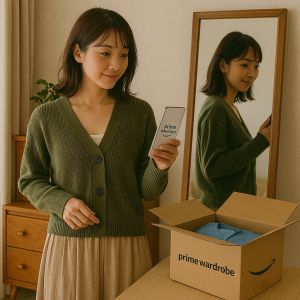 自宅でAmazonプライムワードローブの洋服を試着して鏡の前に立つ日本人女性、商品を比較している様子