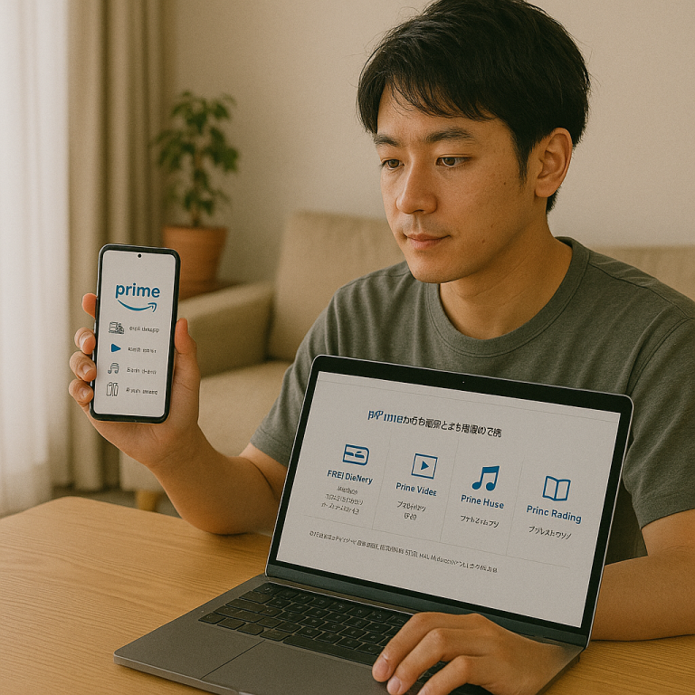 Amazonプライムの各特典を一覧表示するスマートフォンとパソコンを操作している日本人男性、買い物計画中の場面