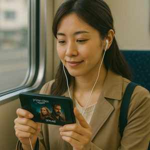 通勤中の日本人女性が、スマートフォンでAmazonプライムビデオの映画をオフライン再生で視聴している様子