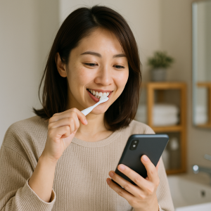 歯磨き中にスマホでポイ活アプリを操作する日本人主婦