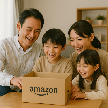 家族がリビングでAmazonの段ボール箱を囲んで笑顔を見せる光景、アウトレット商品に満足