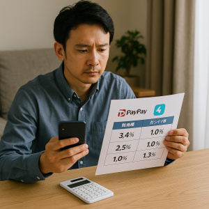 自宅のテーブルでPayPayと楽天ペイの還元率表を見比べている日本人男性