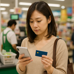 食品スーパーのレジ前でスマホ決済とクレジットカードを手に持つ日本人主婦の写真