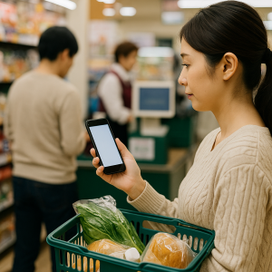  スマホ画面でスーパーのアプリクーポンを表示させてレジに並ぶ日本人主婦