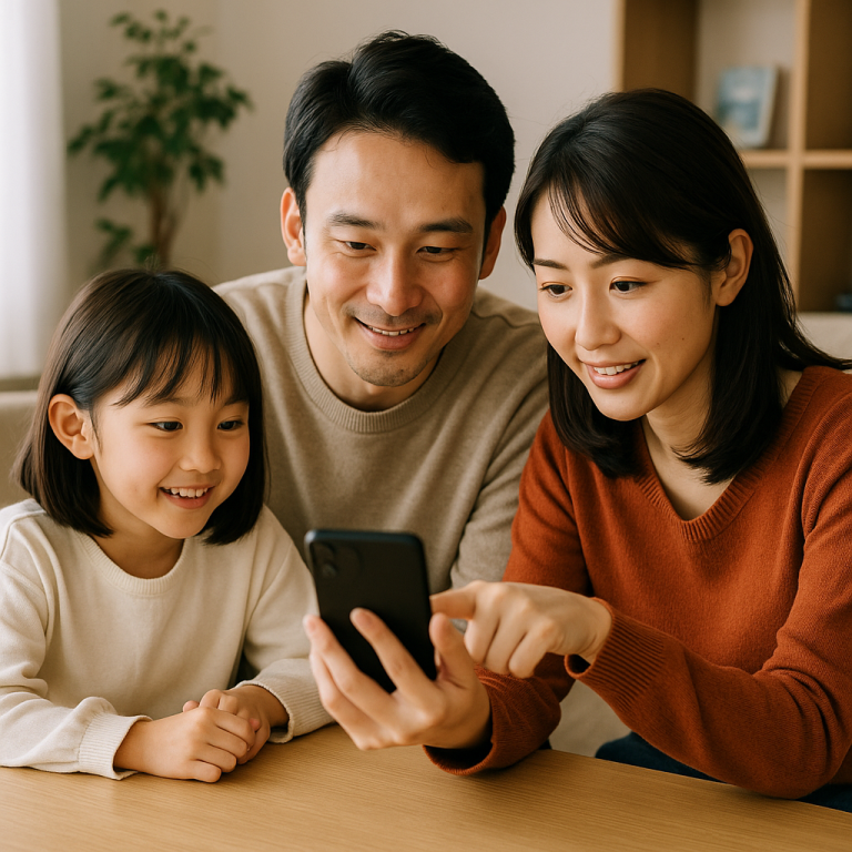 リビングで家族3人がスマホ画面を見ながらポイント利用方法を話し合っている様子