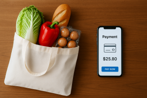  食品スーパーの買い物袋とスマホの決済画面を並べて撮影したテーブル上のリアルな写真