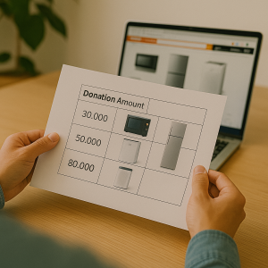 寄付金額ごとに選べる家電返礼品を比較しているイメージ。冷蔵庫や空気清浄機が見やすく配置された写真。