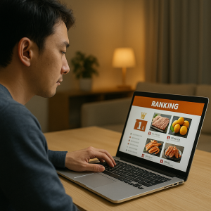ふるさと納税サイトで実際にランキングをチェックしているPC画面を見ている日本人男性のイメージ。