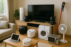 人気家電ランキング上位10商品を象徴するイメージ。テレビ、炊飯器、掃除機などがリビングに置かれているリアルな写真。