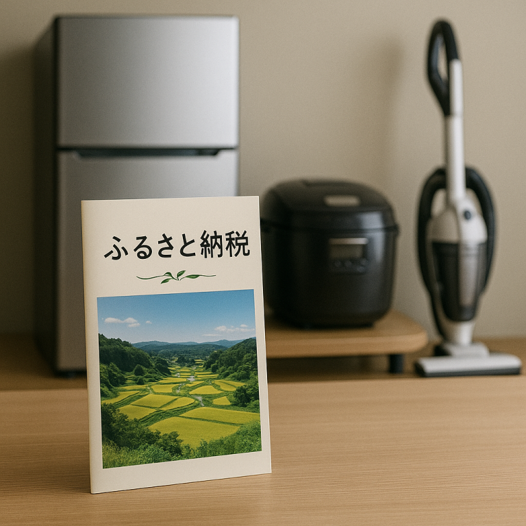 ふるさと納税のパンフレットと家電（冷蔵庫、炊飯器、掃除機など）が並んで写るイメージ。節税と豪華返礼品をイメージできる一枚。