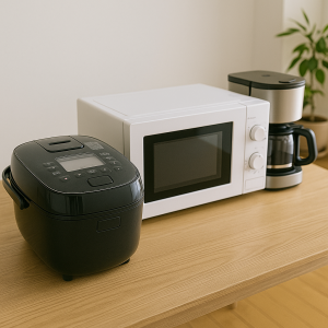 最新モデルの炊飯器や電子レンジなど、ふるさと納税の返礼品として人気の家電が並んだリアルな写真イメージ。