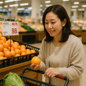 スーパーの特売コーナーで値札を確認しながら買い物をする日本人主婦の写真風イメージ