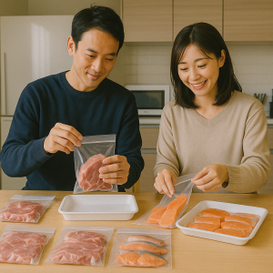 まとめ買いした肉や魚を家庭のキッチンで小分け冷凍保存している日本人家庭の様子