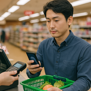 スマホアプリのポイント画面を見ながらスーパーで支払う日本人男性の実用的なシーン