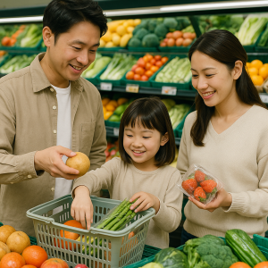 旬の野菜や果物が並ぶスーパーの売り場でカゴに入れる日本人家族の買い物風景