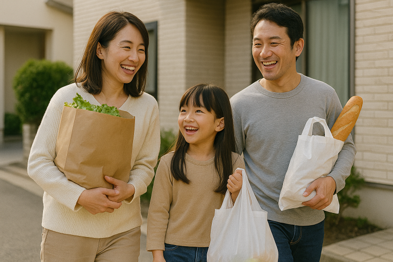 買い物袋を手にスーパーから帰る日本人家族が節約と笑顔を象徴する写真風イメージ