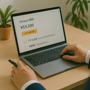 自宅デスクでノートPCのAmazon残高画面を開き、ギフト券でプライム会費と高額家電の支払いを設定する日本人会社員の手元