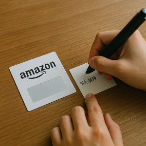 木製テーブル上に置かれたAmazonギフト券カードと「有効期限メモ」を書く日本人の手、スクラッチ未開封、