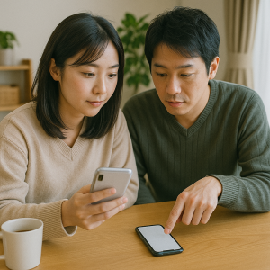 ダイニングテーブルでスマホのAmazon定期おトク便画面とギフト券残高画面を見比べる日本人夫婦、生活感のある室内