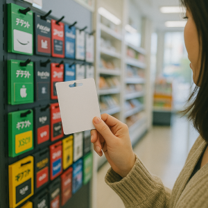 コンビニのギフト券売り場でAmazonギフト券POSAカードを手に取る日本人女性の手元、明るい店内、現代カジュアル
