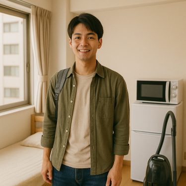 ワンルームの部屋で新生活を始める日本人の若者と家電一式