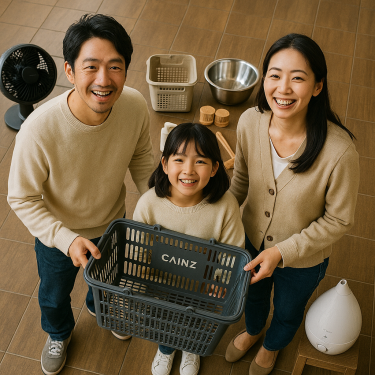 カインズ店内で買い物カゴと名品集合を俯瞰・日本人家族