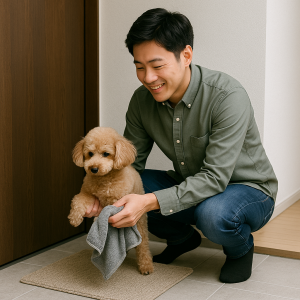玄関でペット足拭き