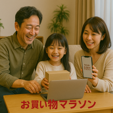 楽天お買い物マラソンを楽しみながら買い物する日本人家族のリビング風景