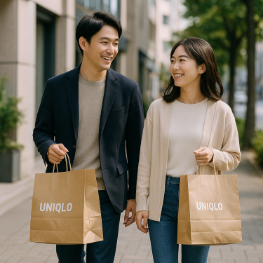 ユニクロのショッピングバッグを持って歩く日本人男女