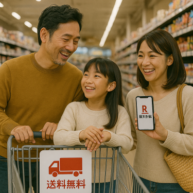 楽天市場の買い物を楽しむ日本人家族・ショッピングカートに送料無料商品のアイコンが映る雰囲気