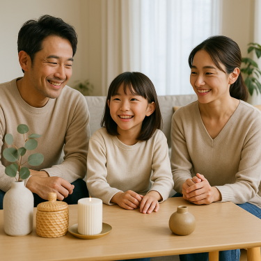 リビングのテーブルに高見え雑貨が並び、穏やかに過ごす日本人家族の写真風イメージ。