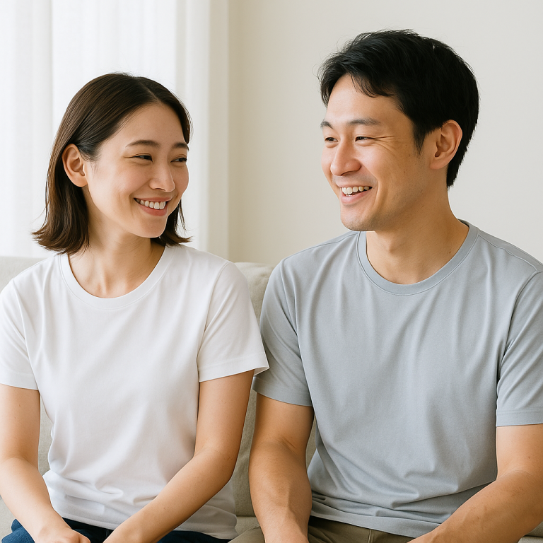 明るい部屋でエアリズムTシャツを着てリラックスする日本人男女の写真風イメージ