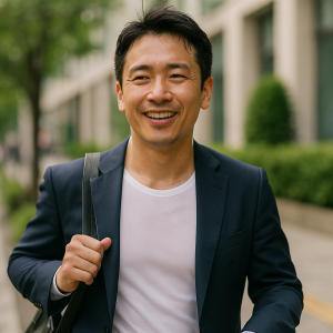 外回り中の日本人ビジネスマンがスーツの下にエアリズムを着用し、汗をかいても爽やかに見える様子。