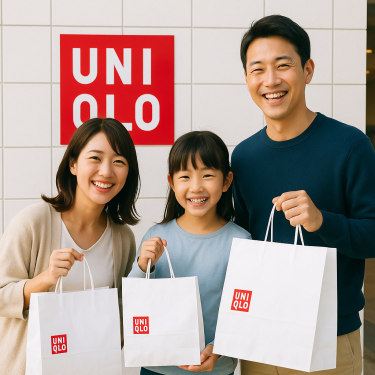 ユニクロの店舗前でショッピングバッグを持ち笑顔の日本人家族の写真風イメージ。